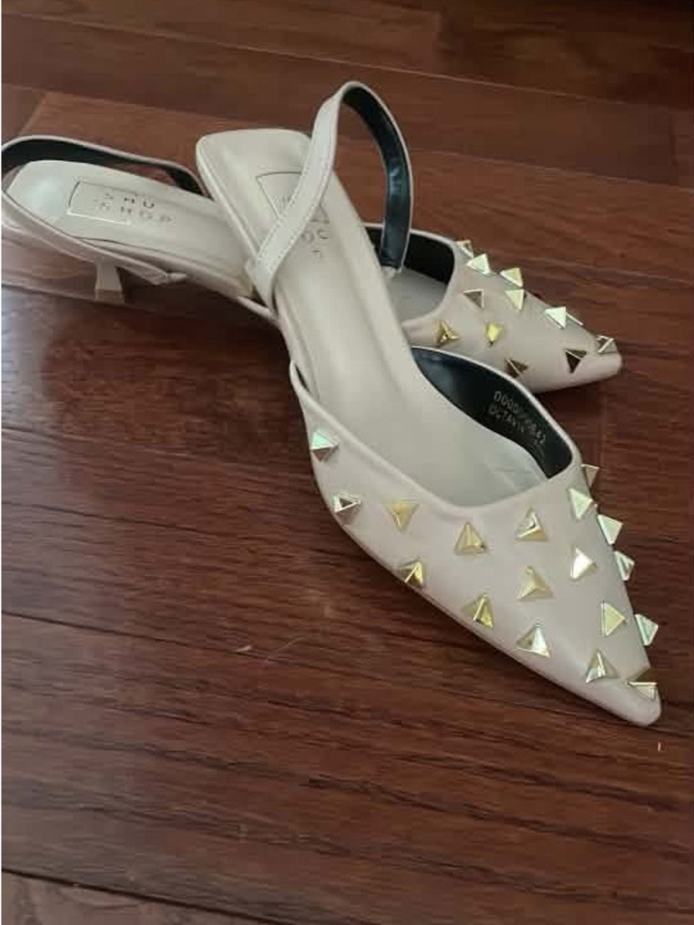 ShuShop Nude Pointed Slingback Heels with Gold Pyramid Studs